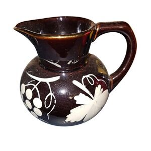 Vintage Enesco Japan Brown Ceramic Pitcher Hand Painted White Floral Grapes